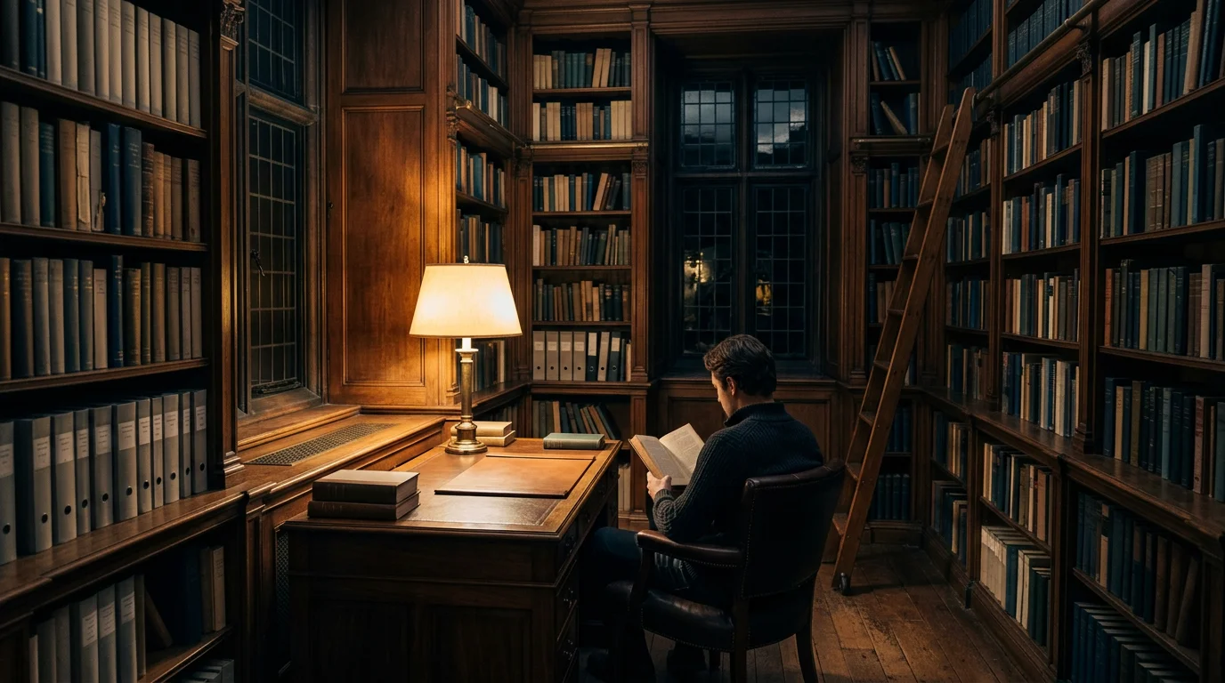 Regal mit Ordnern und Leselicht, Hero-Materialien 1376x768 Pixel, WebP