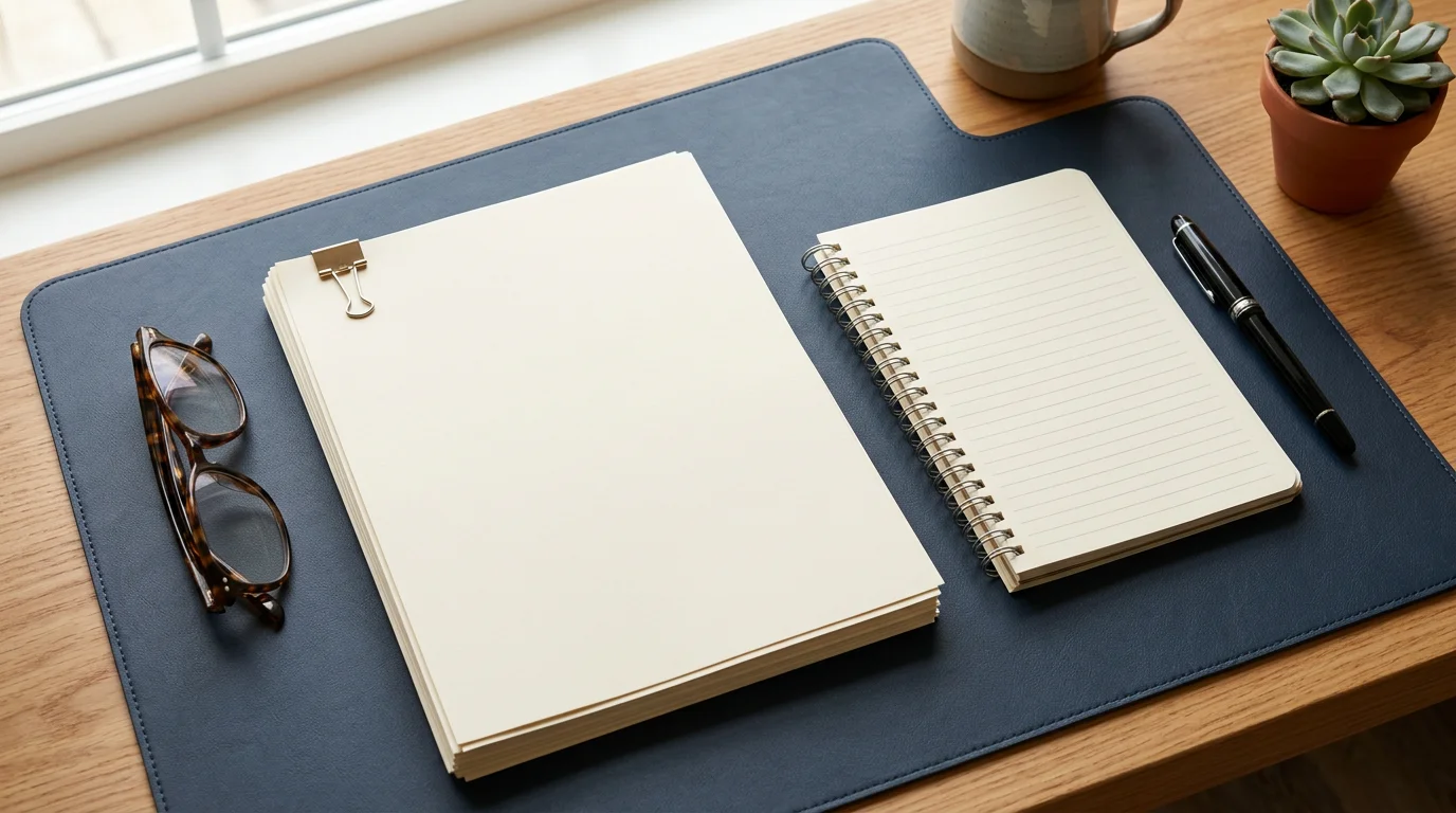 Vertragsunterlagen und Checkliste am Schreibtisch, Illustration 1376x768 Pixel, WebP